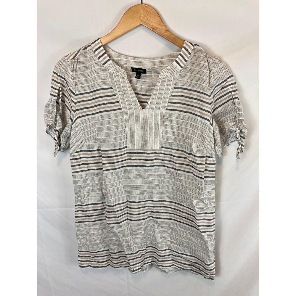 Talbots V Neck Striped Tie Sleeve Linen Blouse Size XS